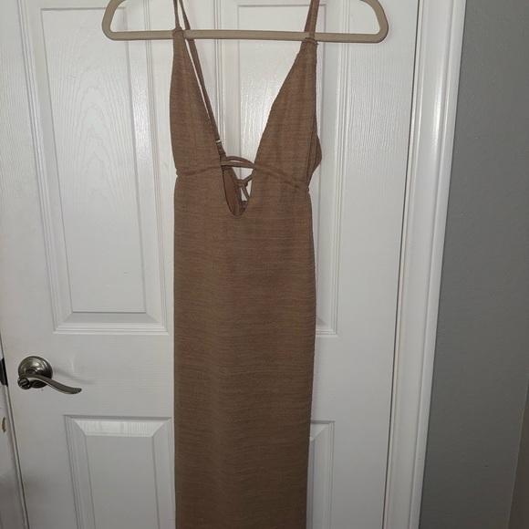 White Fox Boutique Dresses & Skirts - White Fox Boutique Tan Slip Dress with Plunge Neckline